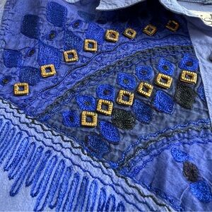 Vintage Western Cowgirl Shirt Blue Embroidered Beaded Rodeo Ranchwear M Country